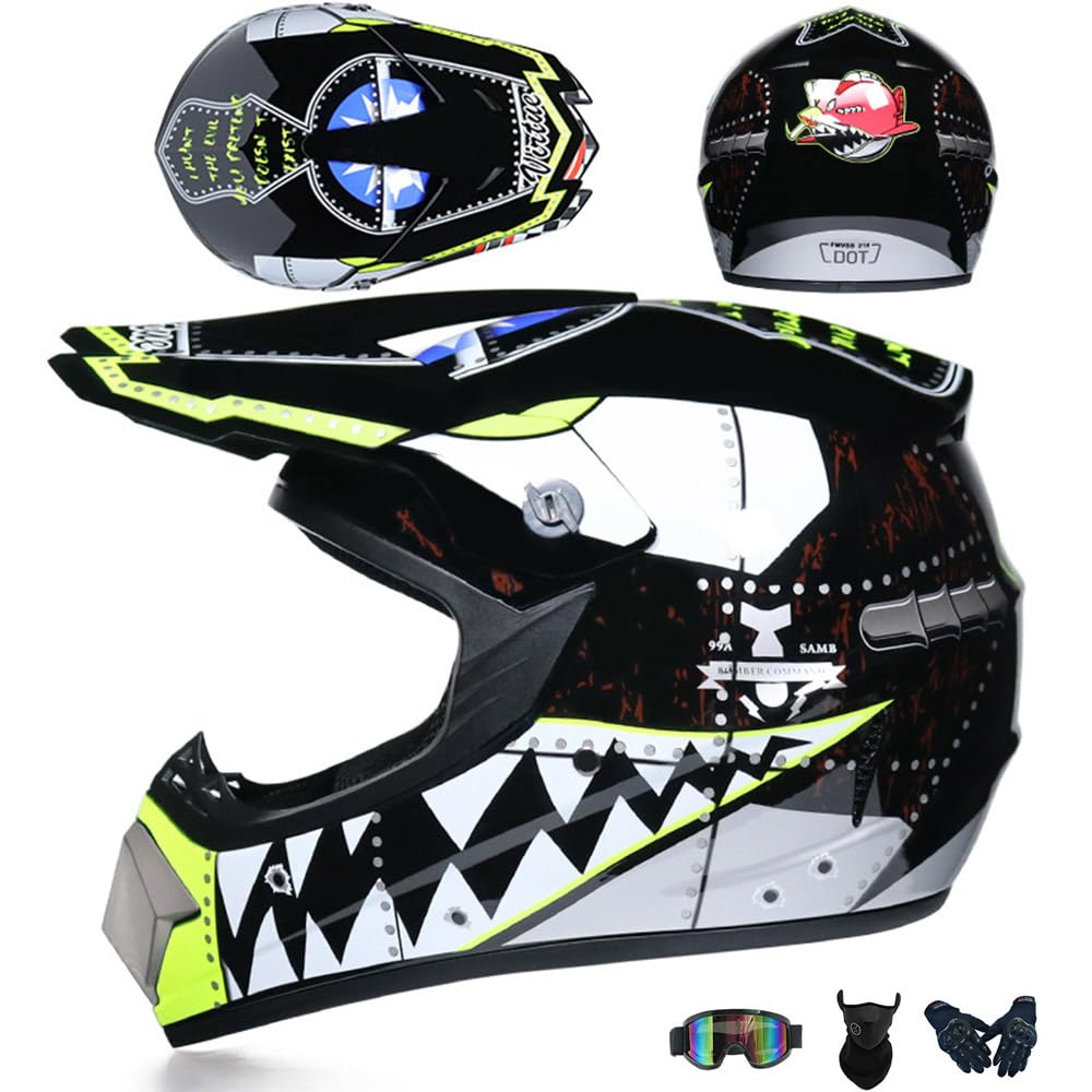 Jugend Motorradhelm Motocross Helm Kinder Erwachsene Cross Helms Offroad ATV Motorradhelm MX Enduro Full Face MTB Helm DOT/ECE-Zertifizierter Mit Brille Maske Handschuhe Downhill Helm,Black/C-L von PAESCOY