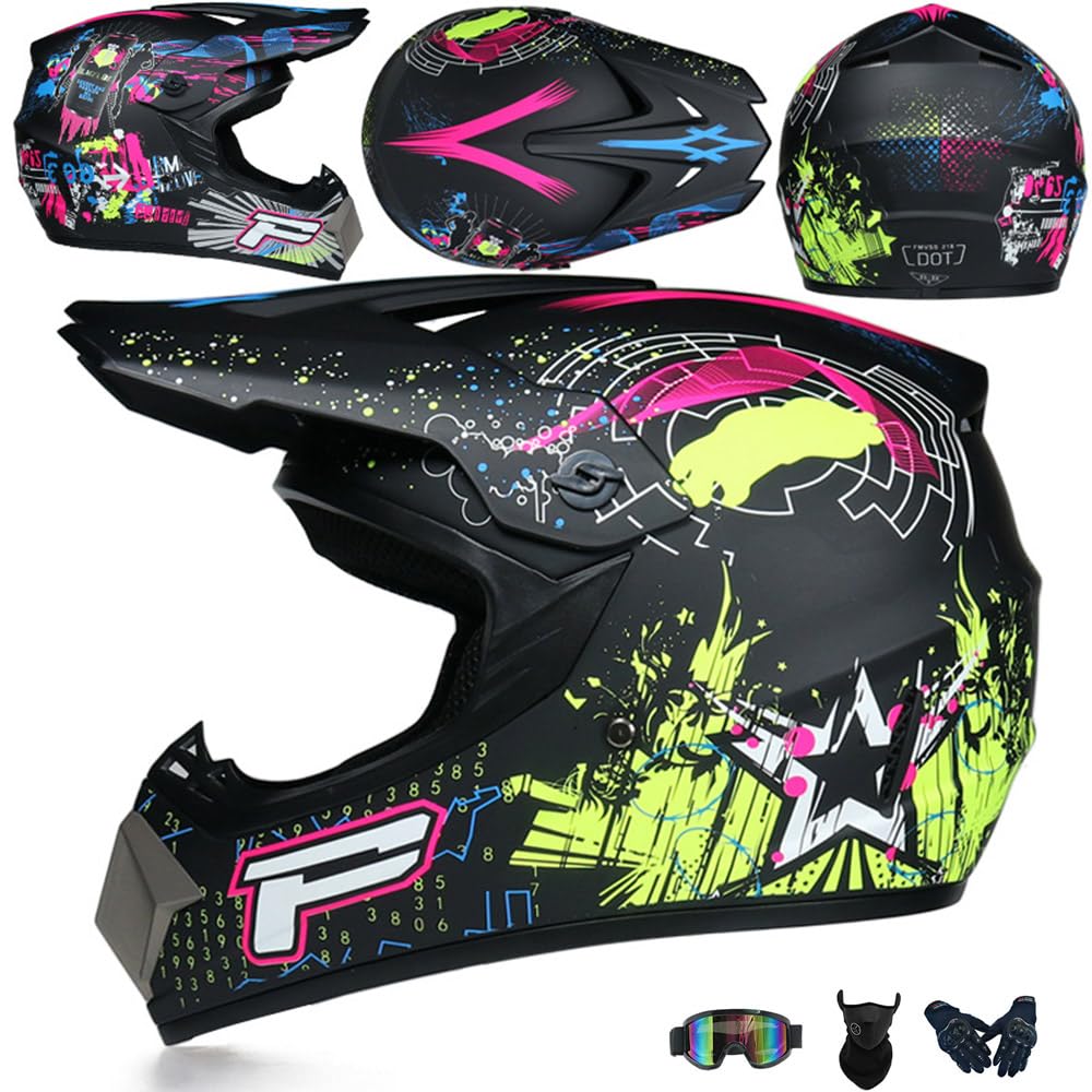 Jugend Motorradhelm Motocross Helm Kinder Erwachsene Cross Helms Offroad ATV Motorradhelm MX Enduro Full Face MTB Helm DOT/ECE-Zertifizierter Mit Brille Maske Handschuhe Downhill Helm,Black/D-S von PAESCOY