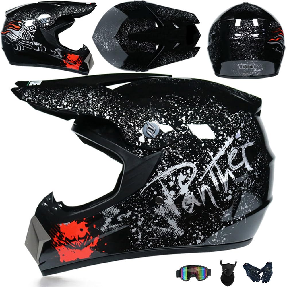 Jugend Motorradhelm Motocross Helm Kinder Erwachsene Cross Helms Offroad ATV Motorradhelm MX Enduro Full Face MTB Helm DOT/ECE-Zertifizierter Mit Brille Maske Handschuhe Downhill Helm,Black/F-S von PAESCOY