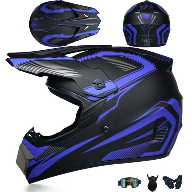 Jugend Motorradhelm Motocross Helm Kinder Erwachsene Cross Helms Offroad ATV Motorradhelm MX Enduro Full Face MTB Helm DOT/ECE-Zertifizierter Mit Brille Maske Handschuhe Downhill Helm,Blue/A-XL von PAESCOY