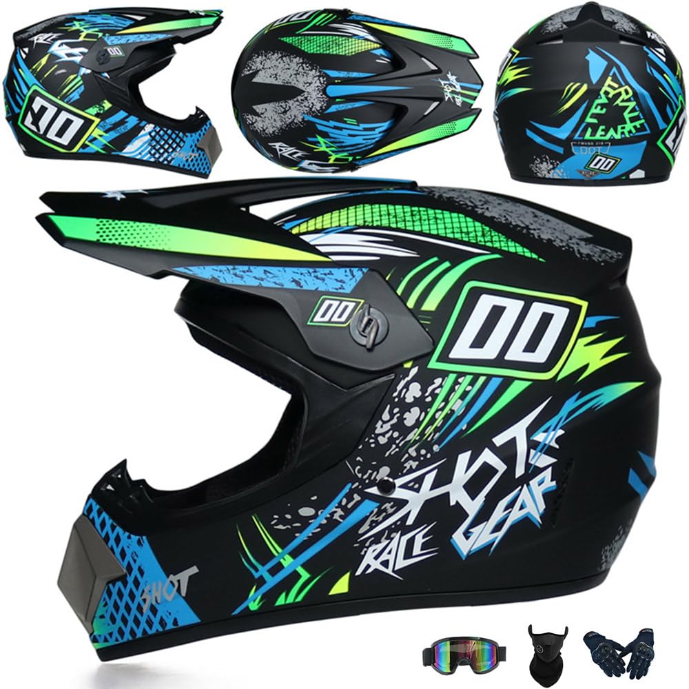 Jugend Motorradhelm Motocross Helm Kinder Erwachsene Cross Helms Offroad ATV Motorradhelm MX Enduro Full Face MTB Helm DOT/ECE-Zertifizierter Mit Brille Maske Handschuhe Downhill Helm,Blue/B-M von PAESCOY