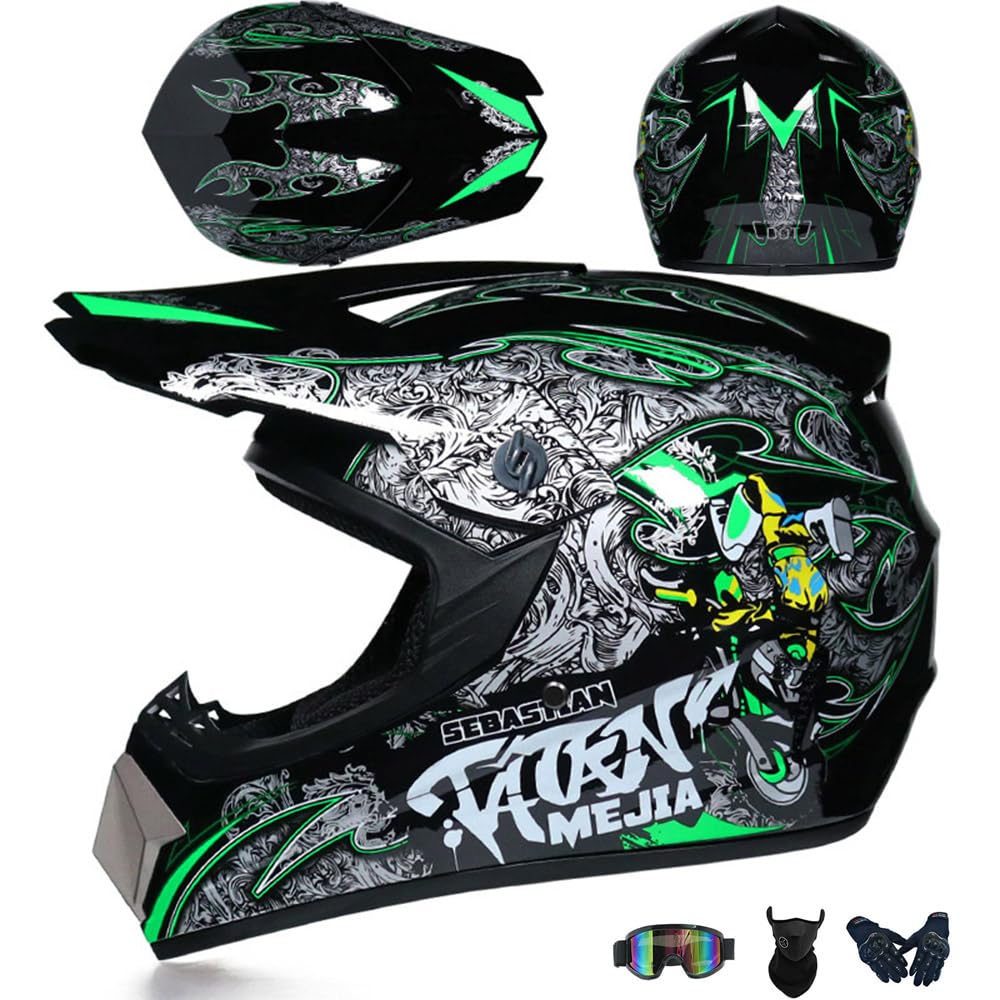 Jugend Motorradhelm Motocross Helm Kinder Erwachsene Cross Helms Offroad ATV Motorradhelm MX Enduro Full Face MTB Helm DOT/ECE-Zertifizierter Mit Brille Maske Handschuhe Downhill Helm,Green/A-L von PAESCOY