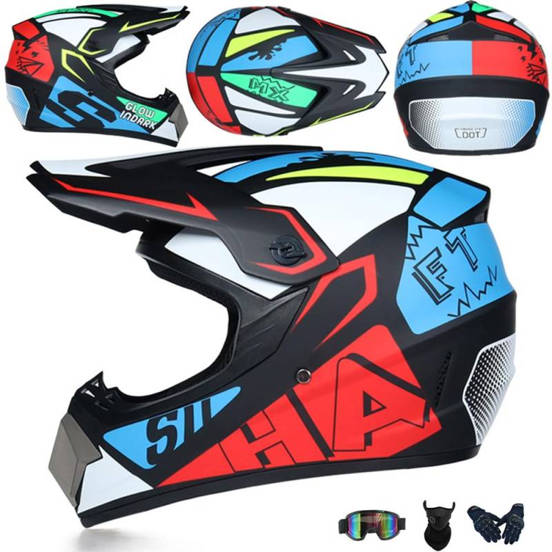 Jugend Motorradhelm Motocross Helm Kinder Erwachsene Cross Helms Offroad ATV Motorradhelm MX Enduro Full Face MTB Helm DOT/ECE-Zertifizierter Mit Brille Maske Handschuhe Downhill Helm,Muti/A-S von PAESCOY