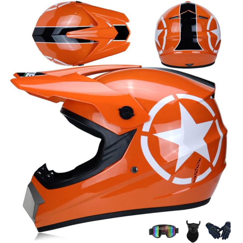 Jugend Motorradhelm Motocross Helm Kinder Erwachsene Cross Helms Offroad ATV Motorradhelm MX Enduro Full Face MTB Helm DOT/ECE-Zertifizierter Mit Brille Maske Handschuhe Downhill Helm,Orange/A-S von PAESCOY