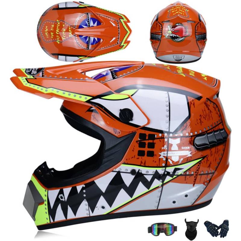 Jugend Motorradhelm Motocross Helm Kinder Erwachsene Cross Helms Offroad ATV Motorradhelm MX Enduro Full Face MTB Helm DOT/ECE-Zertifizierter Mit Brille Maske Handschuhe Downhill Helm,Orange/B-L von PAESCOY