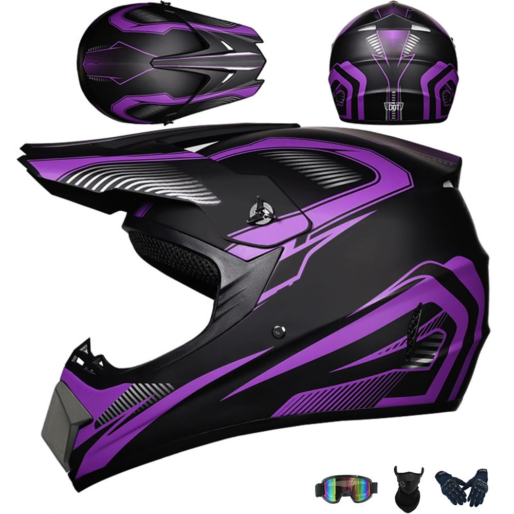 Jugend Motorradhelm Motocross Helm Kinder Erwachsene Cross Helms Offroad ATV Motorradhelm MX Enduro Full Face MTB Helm DOT/ECE-Zertifizierter Mit Brille Maske Handschuhe Downhill Helm,Purple-XL von PAESCOY