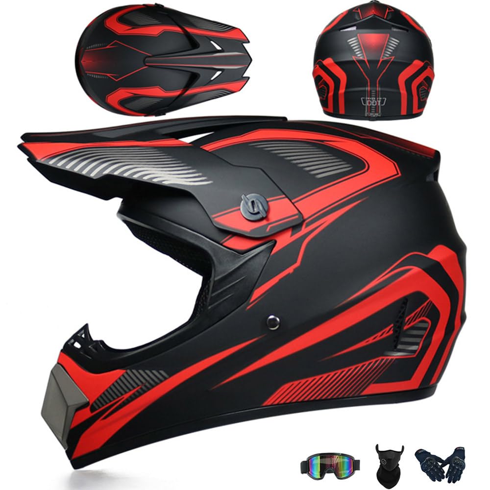 Jugend Motorradhelm Motocross Helm Kinder Erwachsene Cross Helms Offroad ATV Motorradhelm MX Enduro Full Face MTB Helm DOT/ECE-Zertifizierter Mit Brille Maske Handschuhe Downhill Helm,Red/A-M von PAESCOY