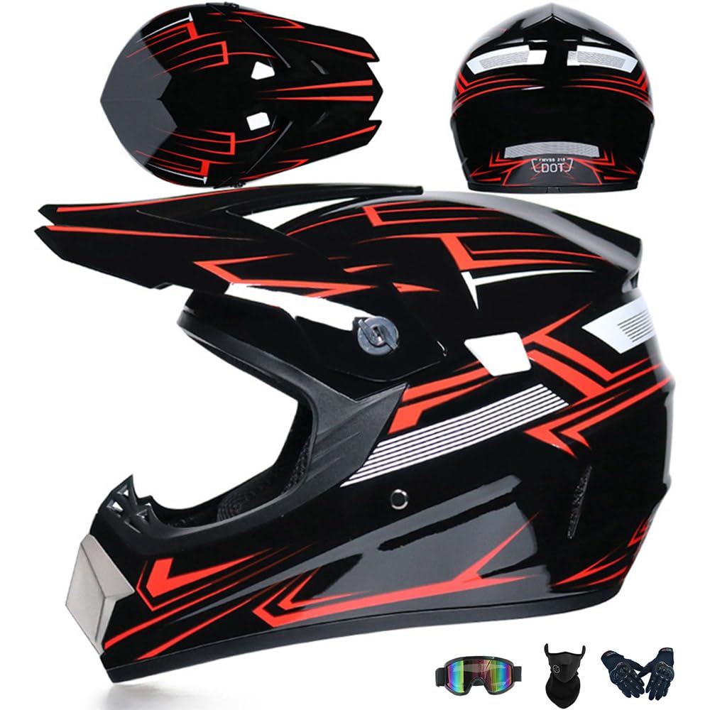 Jugend Motorradhelm Motocross Helm Kinder Erwachsene Cross Helms Offroad ATV Motorradhelm MX Enduro Full Face MTB Helm DOT/ECE-Zertifizierter Mit Brille Maske Handschuhe Downhill Helm,Red/C-L von PAESCOY