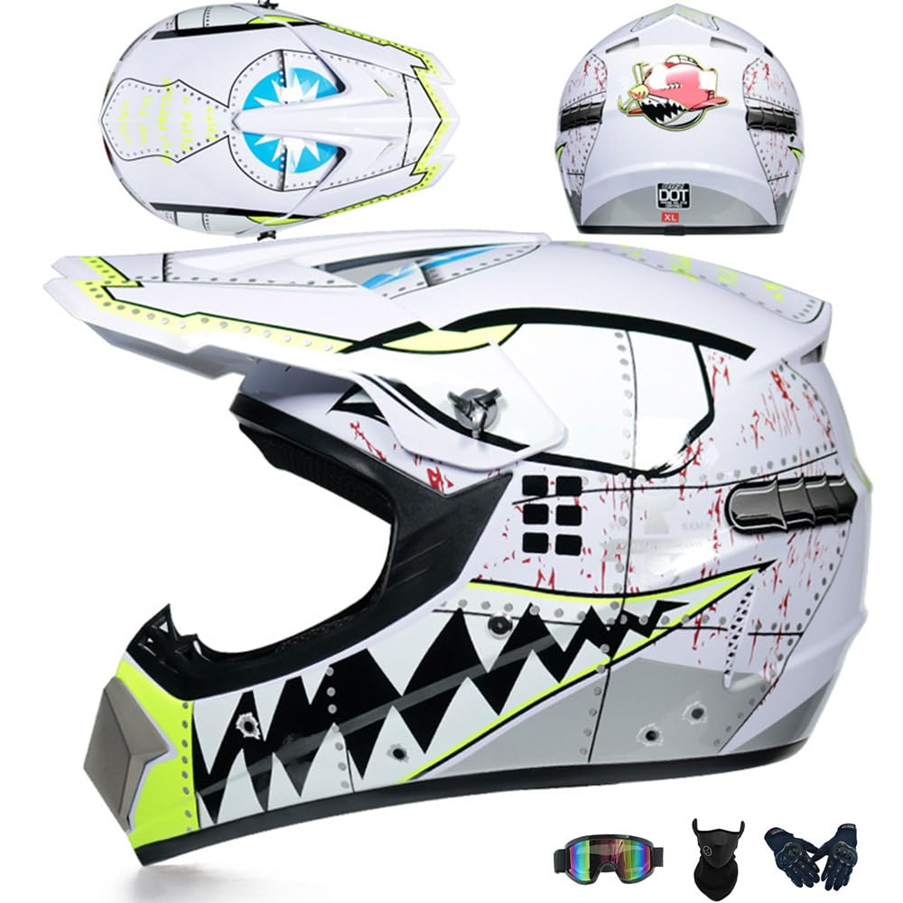 Jugend Motorradhelm Motocross Helm Kinder Erwachsene Cross Helms Offroad ATV Motorradhelm MX Enduro Full Face MTB Helm DOT/ECE-Zertifizierter Mit Brille Maske Handschuhe Downhill Helm,White/A-M von PAESCOY