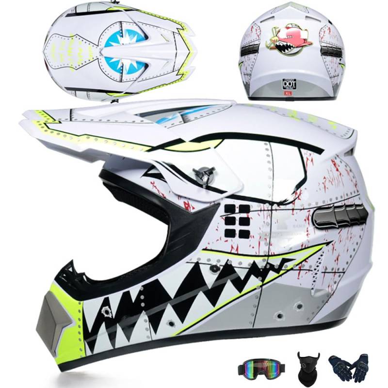 Jugend Motorradhelm Motocross Helm Kinder Erwachsene Cross Helms Offroad ATV Motorradhelm MX Enduro Full Face MTB Helm DOT/ECE-Zertifizierter Mit Brille Maske Handschuhe Downhill Helm,White/A-M von PAESCOY