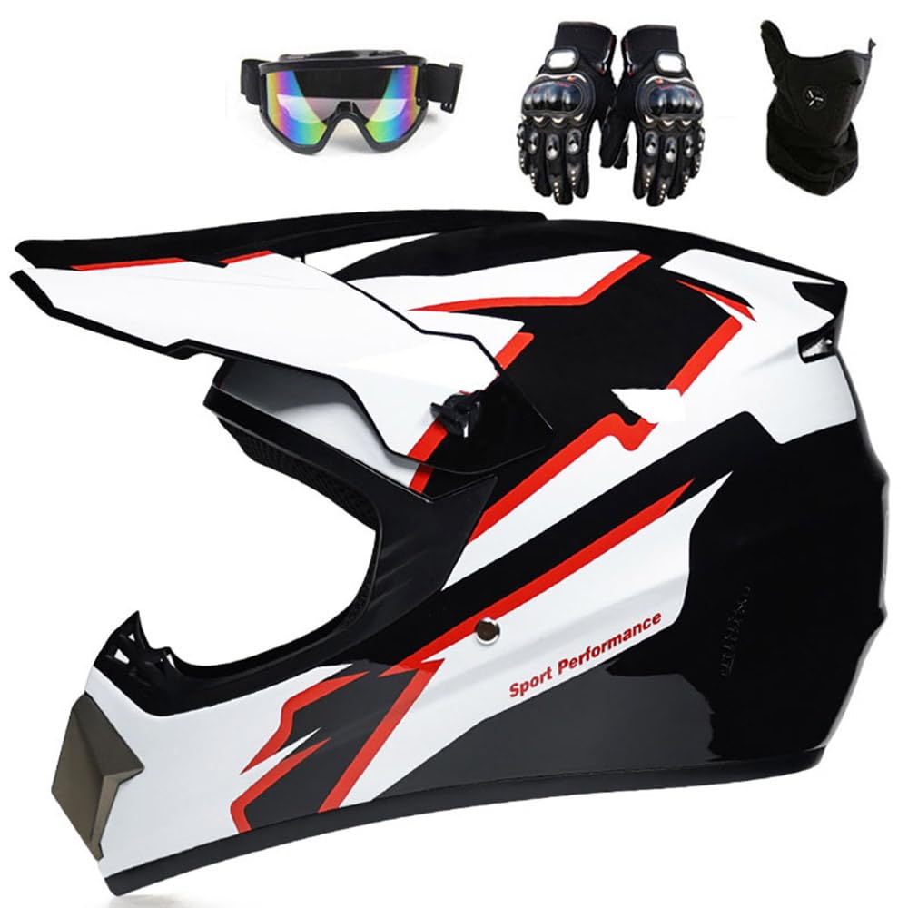 Jugend Motorradhelm Motocross Helm Kinder Erwachsene Cross Helms Offroad ATV Motorradhelm MX Enduro Full Face MTB Helm DOT/ECE-Zertifizierter Mit Brille Maske Handschuhe Downhill Helm,White/E-M von PAESCOY