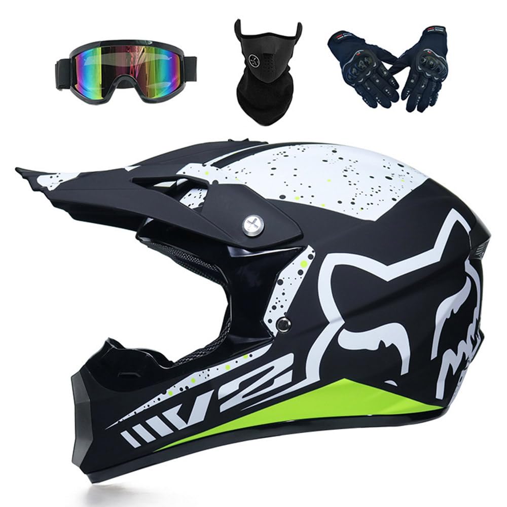 Motocross Helm Damen Herren Full Face MTB Helm Motorradhelm Cross DOT/ECE-Zertifizierter Mit Schutzbrillen Maske Handschuhe Downhill Helm Mopedhelm Schutzhelm Für Cruiser Chopper,Green-L von PAESCOY