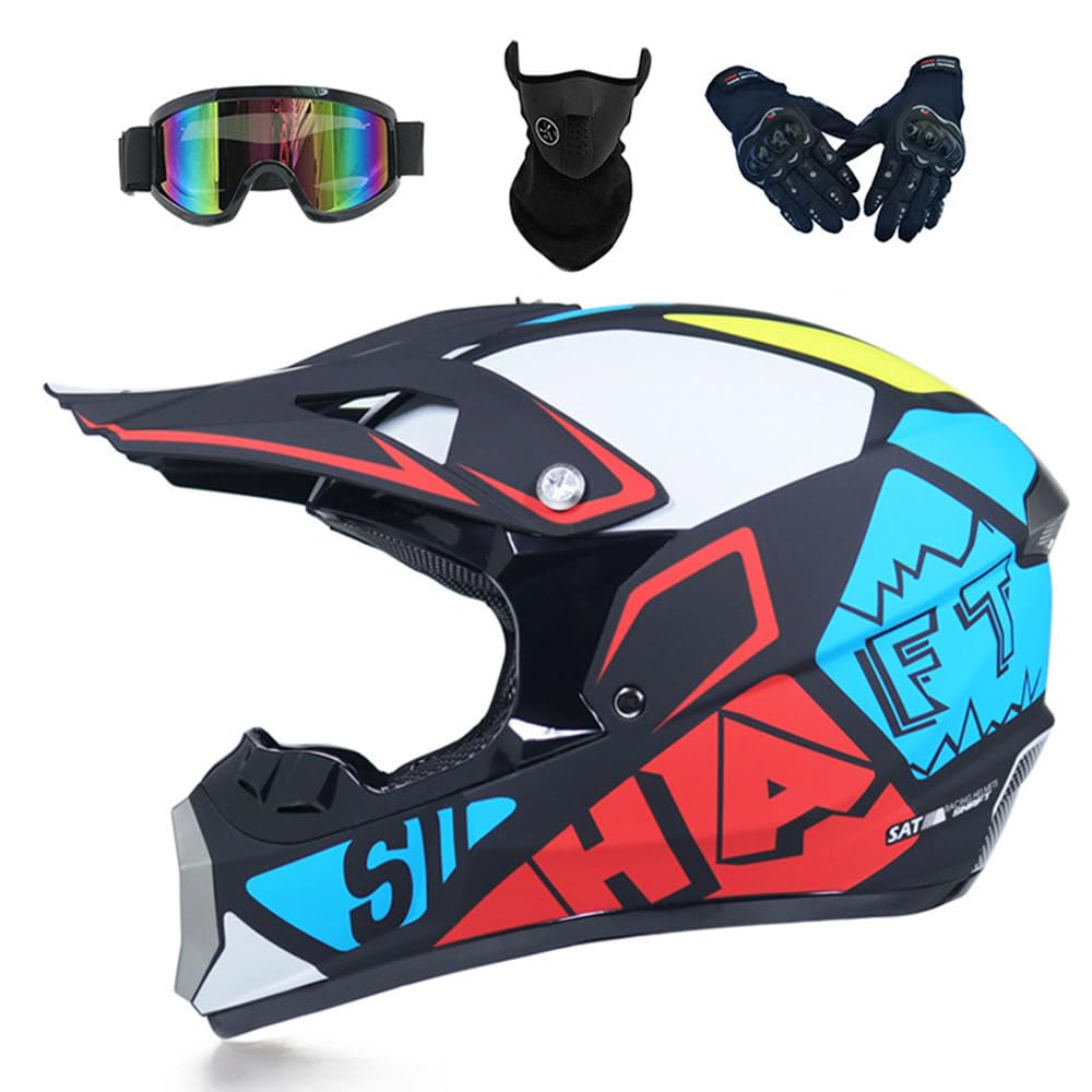 Motocross Helm Damen Herren Full Face MTB Helm Motorradhelm Cross DOT/ECE-Zertifizierter Mit Schutzbrillen Maske Handschuhe Downhill Helm Mopedhelm Schutzhelm Für Cruiser Chopper,Muti-L von PAESCOY