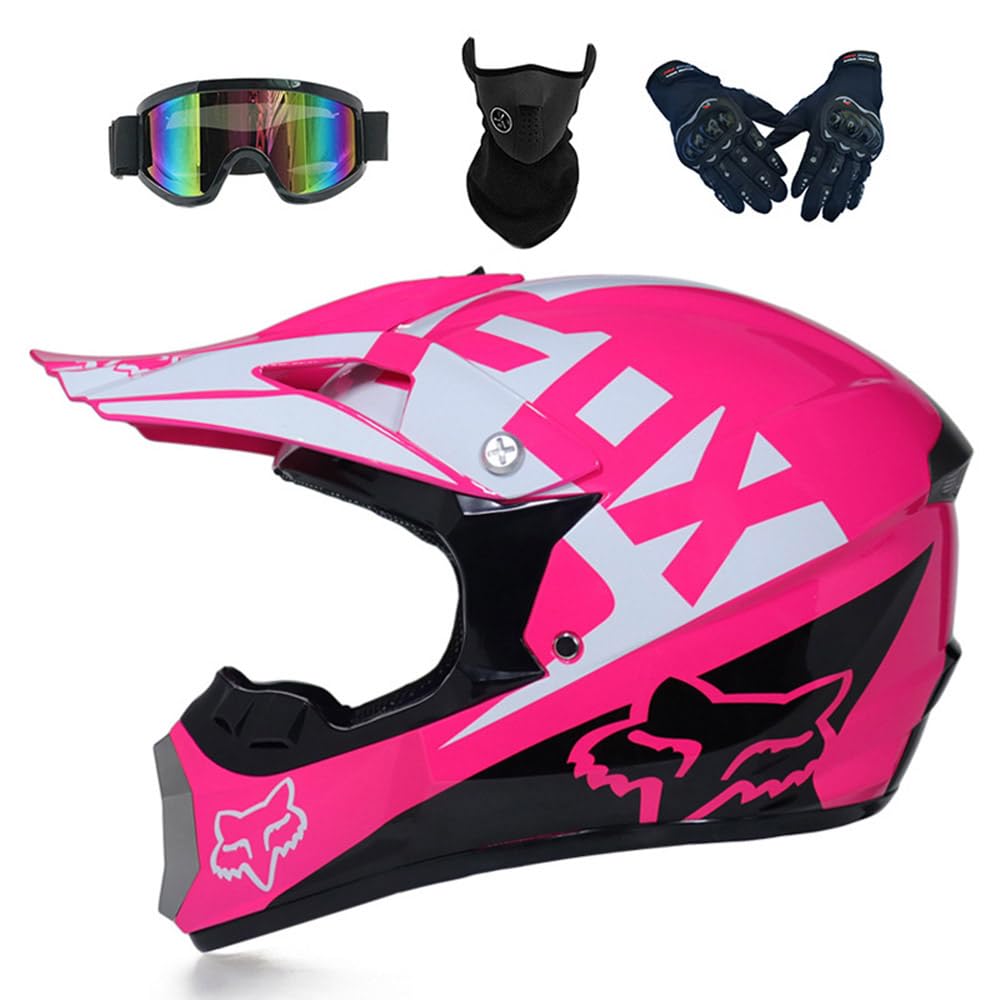 Motocross Helm Damen Herren Full Face MTB Helm Motorradhelm Cross DOT/ECE-Zertifizierter Mit Schutzbrillen Maske Handschuhe Downhill Helm Mopedhelm Schutzhelm Für Cruiser Chopper,Pink-S von PAESCOY