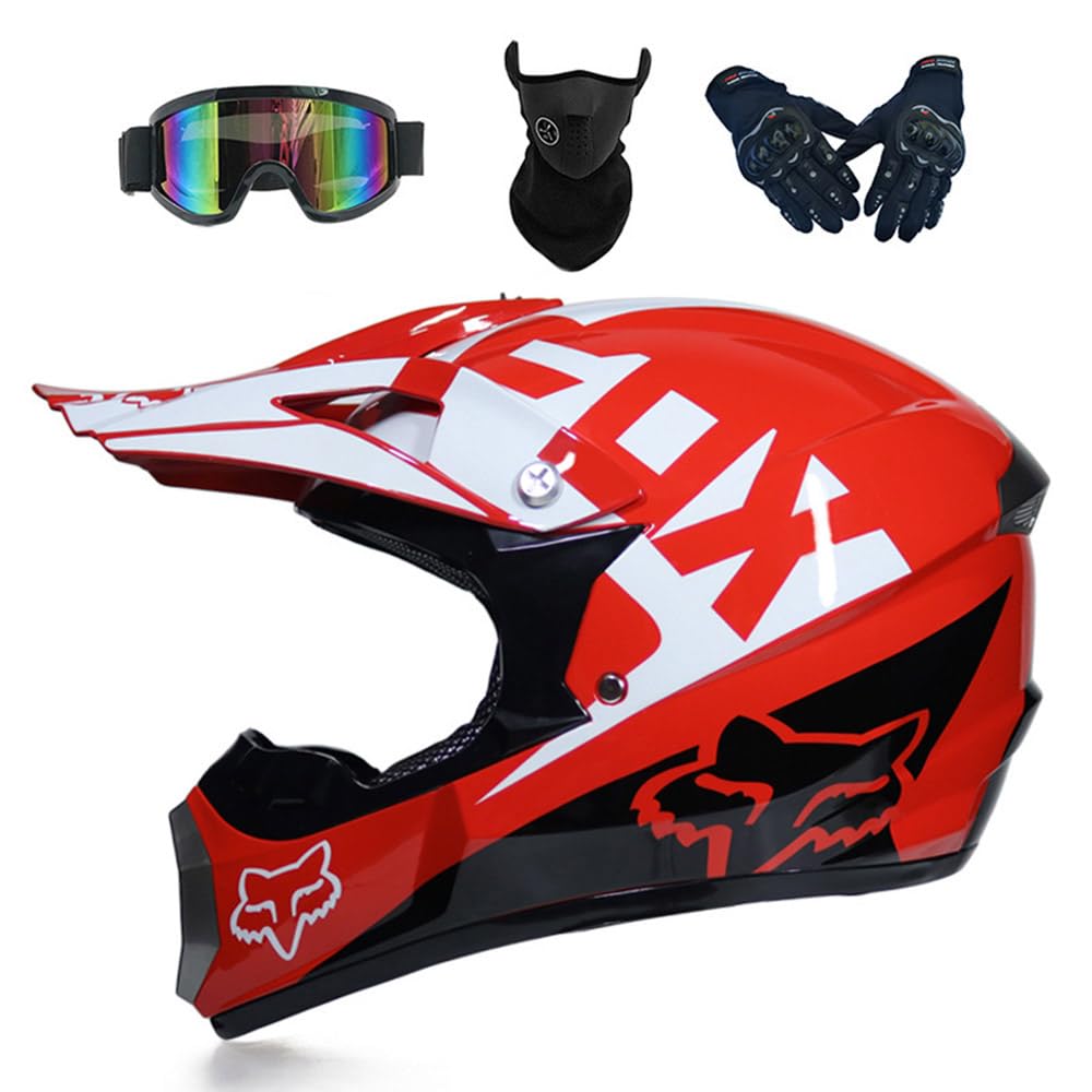 Motocross Helm Damen Herren Full Face MTB Helm Motorradhelm Cross DOT/ECE-Zertifizierter Mit Schutzbrillen Maske Handschuhe Downhill Helm Mopedhelm Schutzhelm Für Cruiser Chopper,Red/A-L von PAESCOY