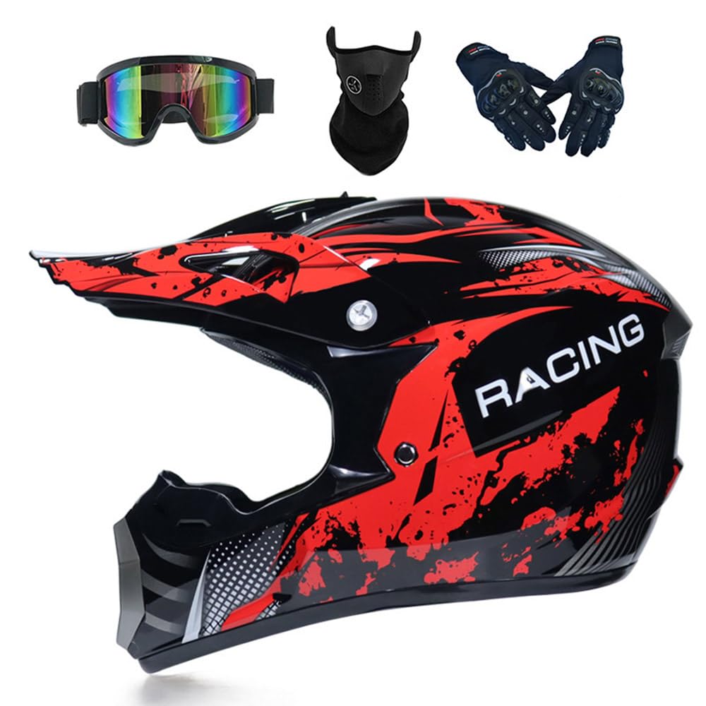 Motocross Helm Damen Herren Full Face MTB Helm Motorradhelm Cross DOT/ECE-Zertifizierter Mit Schutzbrillen Maske Handschuhe Downhill Helm Mopedhelm Schutzhelm Für Cruiser Chopper,Red/B-M von PAESCOY