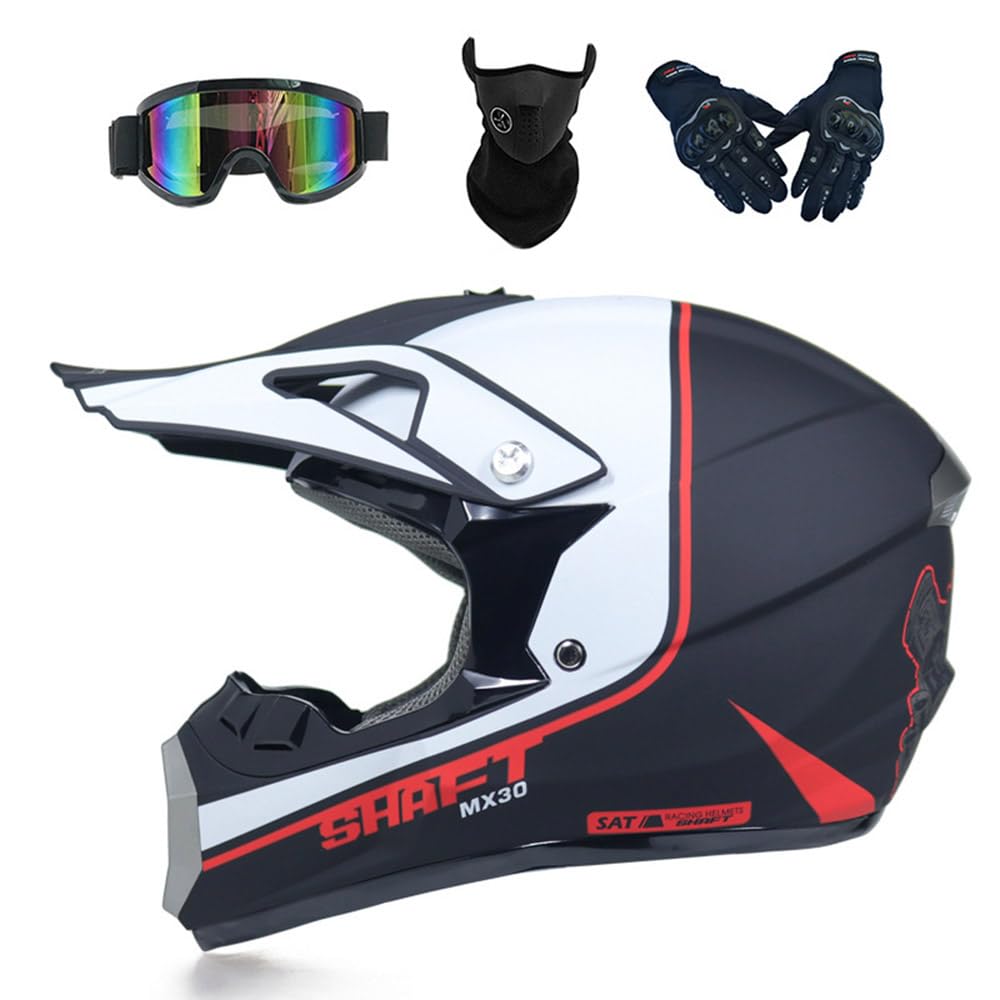 Motocross Helm Damen Herren Full Face MTB Helm Motorradhelm Cross DOT/ECE-Zertifizierter Mit Schutzbrillen Maske Handschuhe Downhill Helm Mopedhelm Schutzhelm Für Cruiser Chopper,White-L von PAESCOY