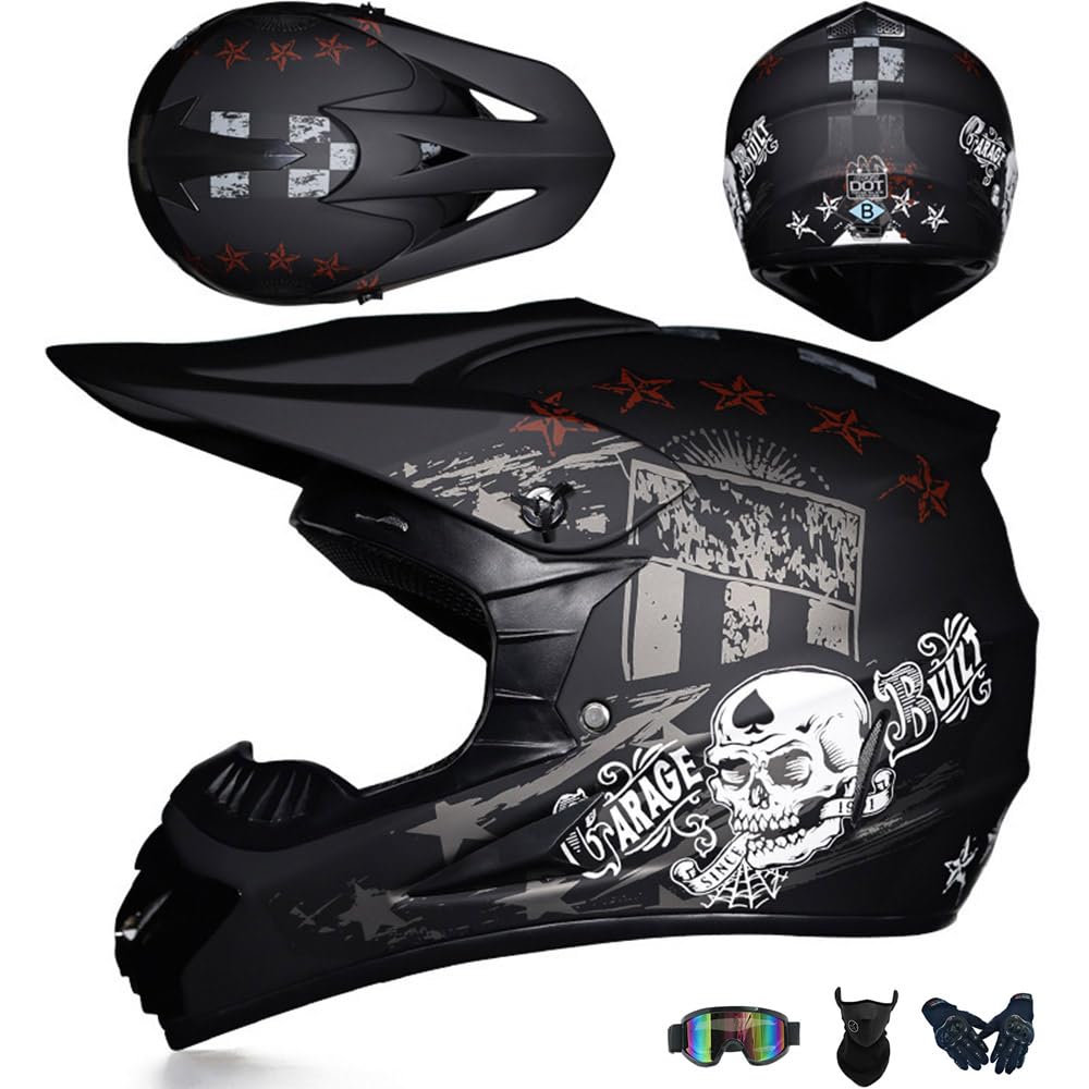 Motocross Helm Kinder Erwachsene, Dirt Bike Offroad Cross Helms Herren ATV Motocross Helm, Jugend Motorradhelm MX Enduro Full Face MTB Helm Mit Brille Maske Handschuhe Downhill Helm,Black/B-M von PAESCOY