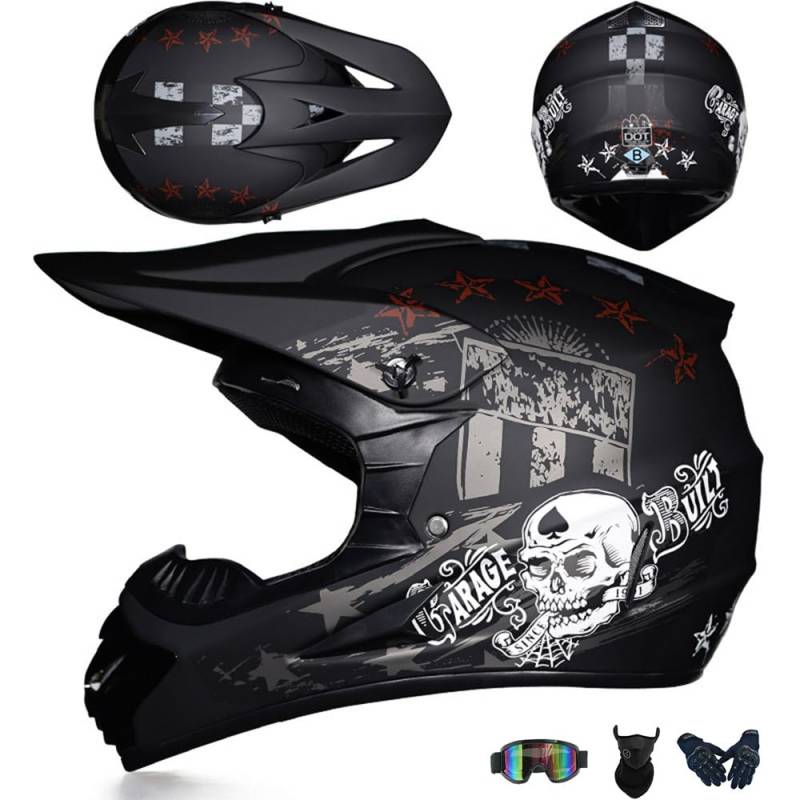 Motocross Helm Kinder Erwachsene, Dirt Bike Offroad Cross Helms Herren ATV Motocross Helm, Jugend Motorradhelm MX Enduro Full Face MTB Helm Mit Brille Maske Handschuhe Downhill Helm,Black/B-S von PAESCOY