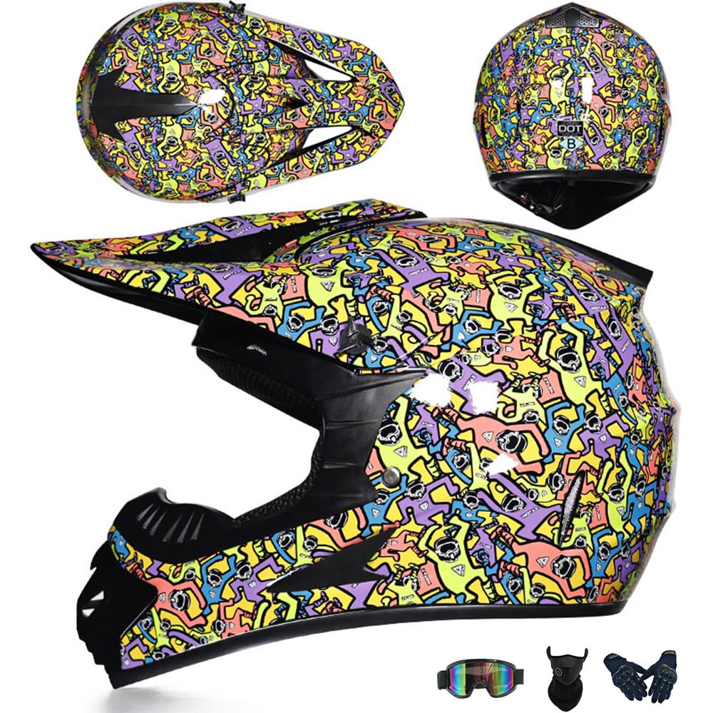 Motocross Helm Kinder Erwachsene, Dirt Bike Offroad Cross Helms Herren ATV Motocross Helm, Jugend Motorradhelm MX Enduro Full Face MTB Helm Mit Brille Maske Handschuhe Downhill Helm,Muti/B-XL von PAESCOY