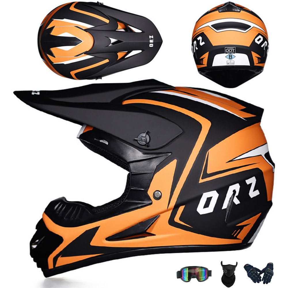 Motocross Helm Kinder Erwachsene, Dirt Bike Offroad Cross Helms Herren ATV Motocross Helm, Jugend Motorradhelm MX Enduro Full Face MTB Helm Mit Brille Maske Handschuhe Downhill Helm,Orange-M von PAESCOY