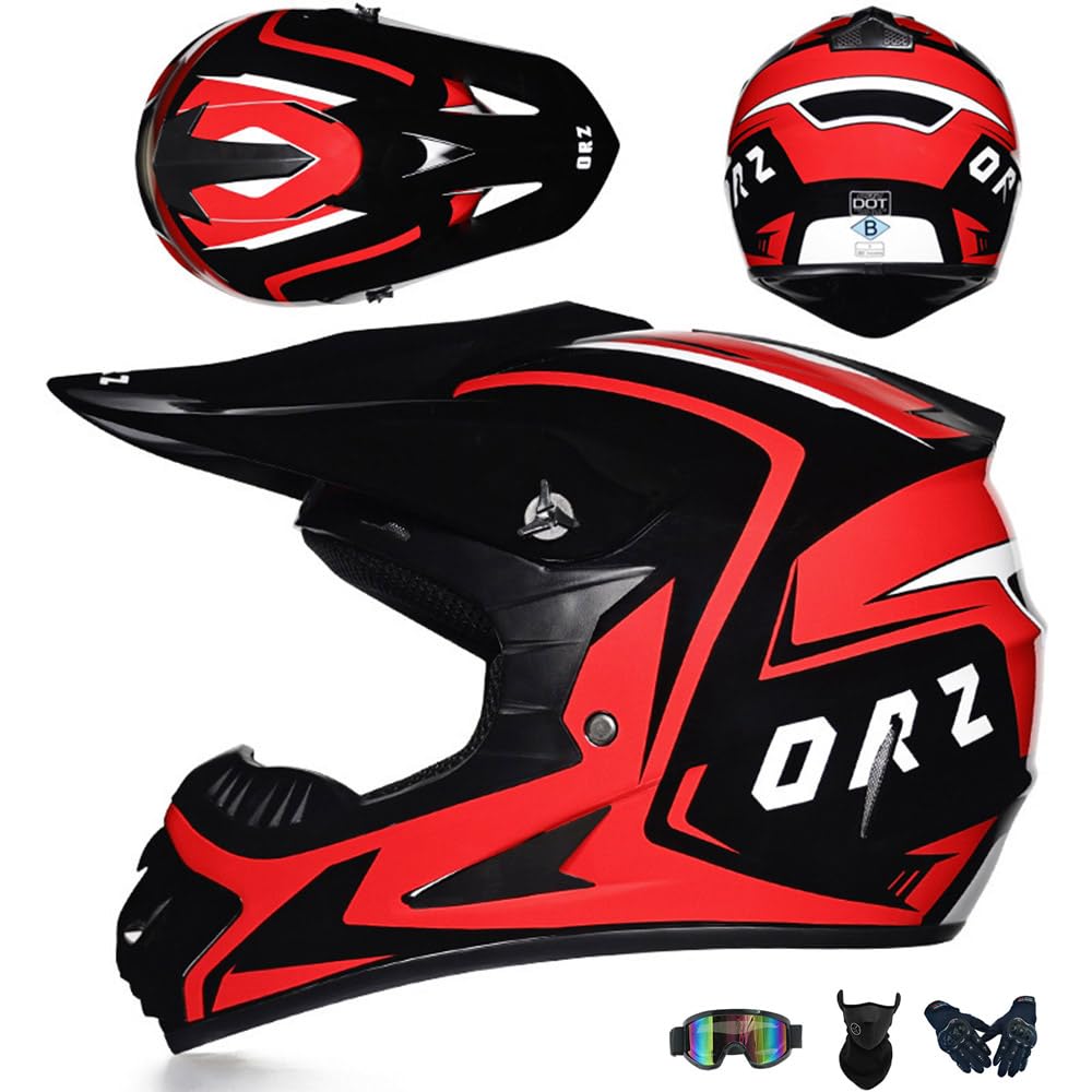 Motocross Helm Kinder Erwachsene, Dirt Bike Offroad Cross Helms Herren ATV Motocross Helm, Jugend Motorradhelm MX Enduro Full Face MTB Helm Mit Brille Maske Handschuhe Downhill Helm,Red/A-M von PAESCOY