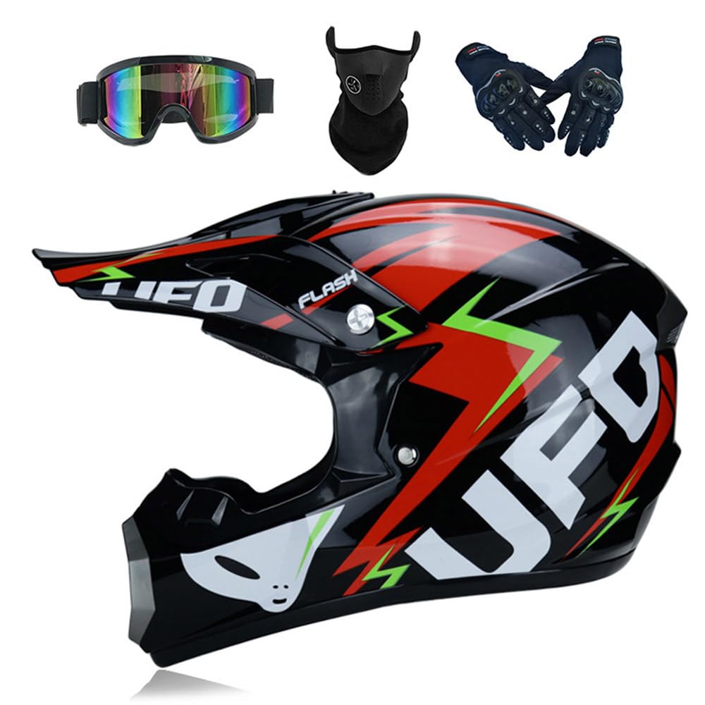 Motocross Helm Kinder Erwachsene Dirt Bike Offroad Cross Helms Herren ATV Motocross Helm Jugend Motorradhelm MX Enduro Full Face MTB Helm Mit Brille Maske Handschuhe Downhill Helm,Black-M von PAESCOY