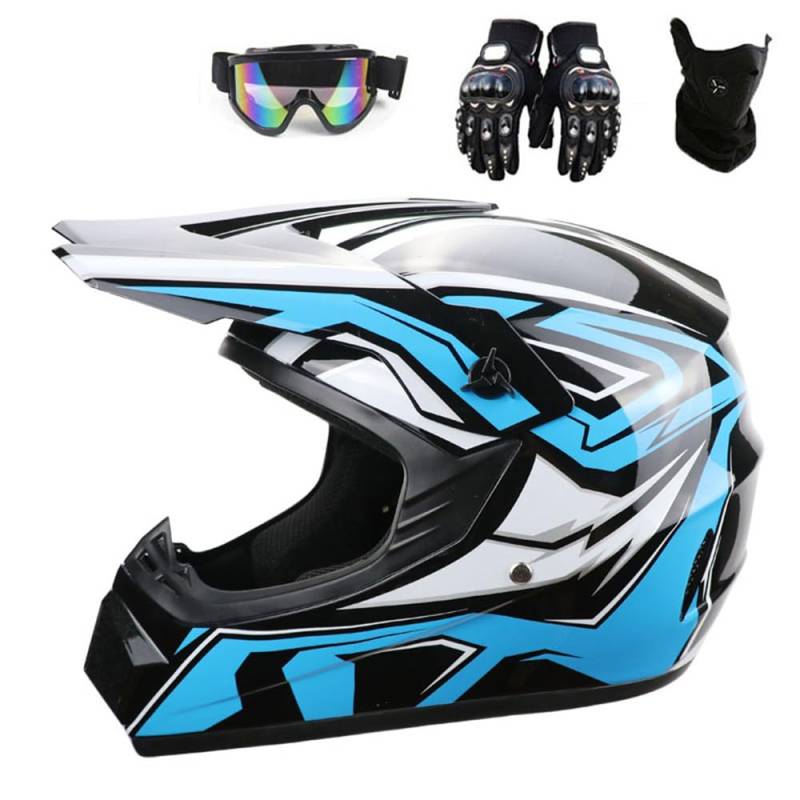 Motocross Helm Kinder Erwachsene Dirt Bike Offroad Cross Helms Herren ATV Motocross Helm Jugend Motorradhelm MX Enduro Full Face MTB Helm Mit Brille Maske Handschuhe Downhill Helm,Blue-S von PAESCOY