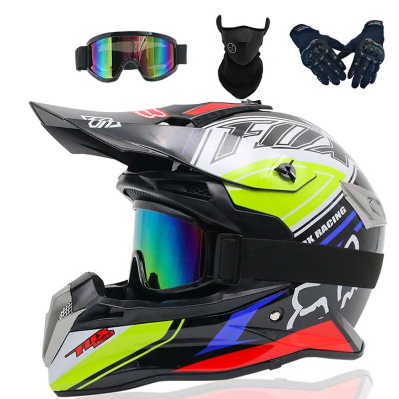 Motocross Helm Kinder Erwachsene Dirt Bike Offroad Cross Helms Herren ATV Motocross Helm Jugend Motorradhelm MX Enduro Full Face MTB Helm Mit Brille Maske Handschuhe Downhill Helm,Color/C-L von PAESCOY