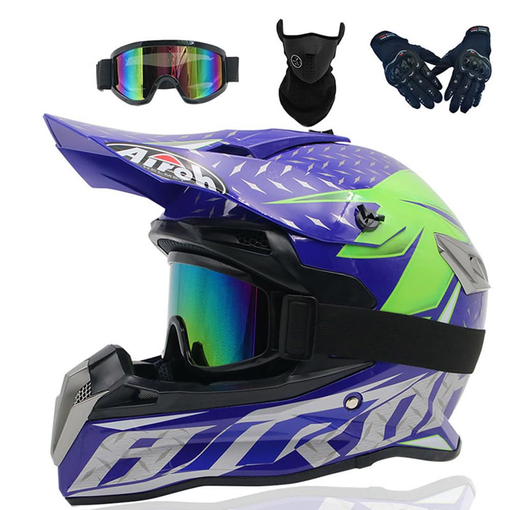 Motocross Helm Kinder Erwachsene Dirt Bike Offroad Cross Helms Herren ATV Motocross Helm Jugend Motorradhelm MX Enduro Full Face MTB Helm Mit Brille Maske Handschuhe Downhill Helm,Color/M-XL von PAESCOY