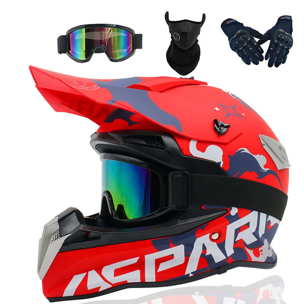 Motocross Helm Kinder Erwachsene Dirt Bike Offroad Cross Helms Herren ATV Motocross Helm Jugend Motorradhelm MX Enduro Full Face MTB Helm Mit Brille Maske Handschuhe Downhill Helm,Color/O-S von PAESCOY