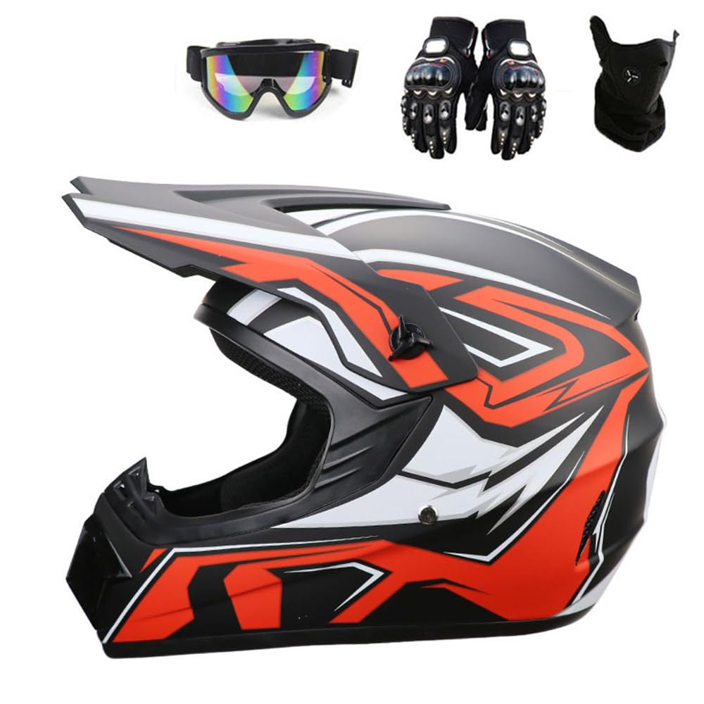 Motocross Helm Kinder Erwachsene Dirt Bike Offroad Cross Helms Herren ATV Motocross Helm Jugend Motorradhelm MX Enduro Full Face MTB Helm Mit Brille Maske Handschuhe Downhill Helm,Red-M von PAESCOY