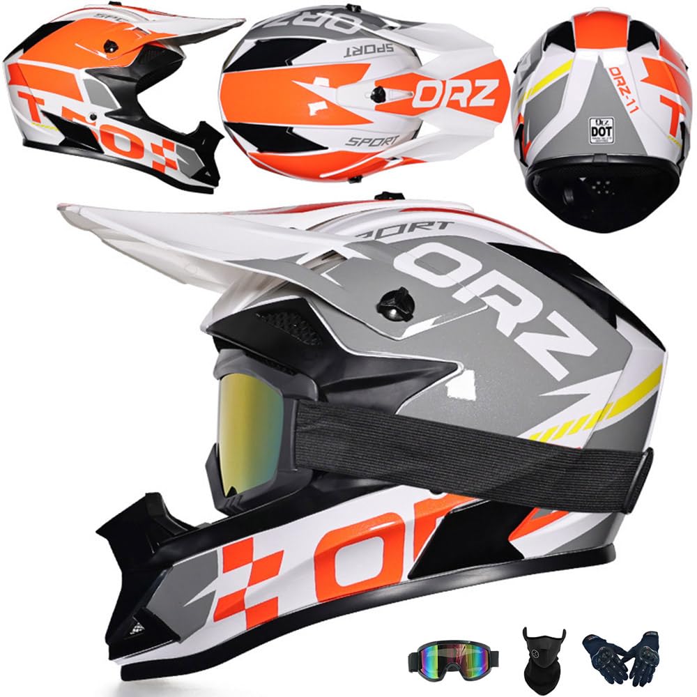 Motocross Helm Kinder Erwachsene Dirt Bike Offroad Cross Helms Herren ATV Motocross Helm Jugend Motorradhelm MX Enduro Full Face MTB Helm Mit Brille Maske Handschuhe Downhill Helm,White-XL von PAESCOY