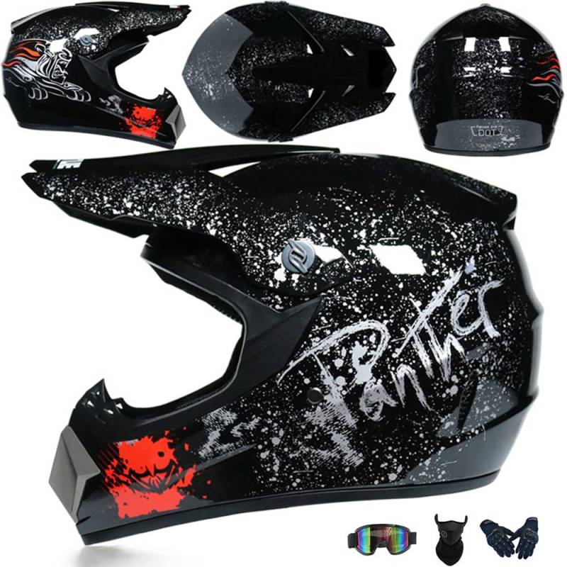 Motorradhelm Cross Damen Herren Full Face MTB Helm Motocross Helm DOT/ECE-Zertifizierter Mit Schutzbrillen Maske Handschuhe Downhill Helm Mopedhelm Schutzhelm Für Cruiser Chopper,Black/F-L von PAESCOY