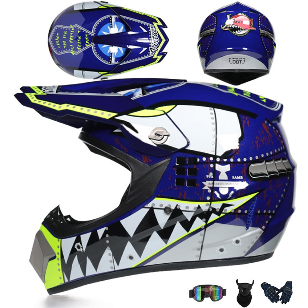 Motorradhelm Cross Damen Herren Full Face MTB Helm Motocross Helm DOT/ECE-Zertifizierter Mit Schutzbrillen Maske Handschuhe Downhill Helm Mopedhelm Schutzhelm Für Cruiser Chopper,Blue/C-L von PAESCOY