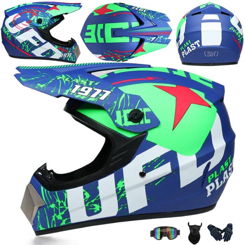 Motorradhelm Cross Damen Herren Full Face MTB Helm Motocross Helm DOT/ECE-Zertifizierter Mit Schutzbrillen Maske Handschuhe Downhill Helm Mopedhelm Schutzhelm Für Cruiser Chopper,Blue/D-M von PAESCOY