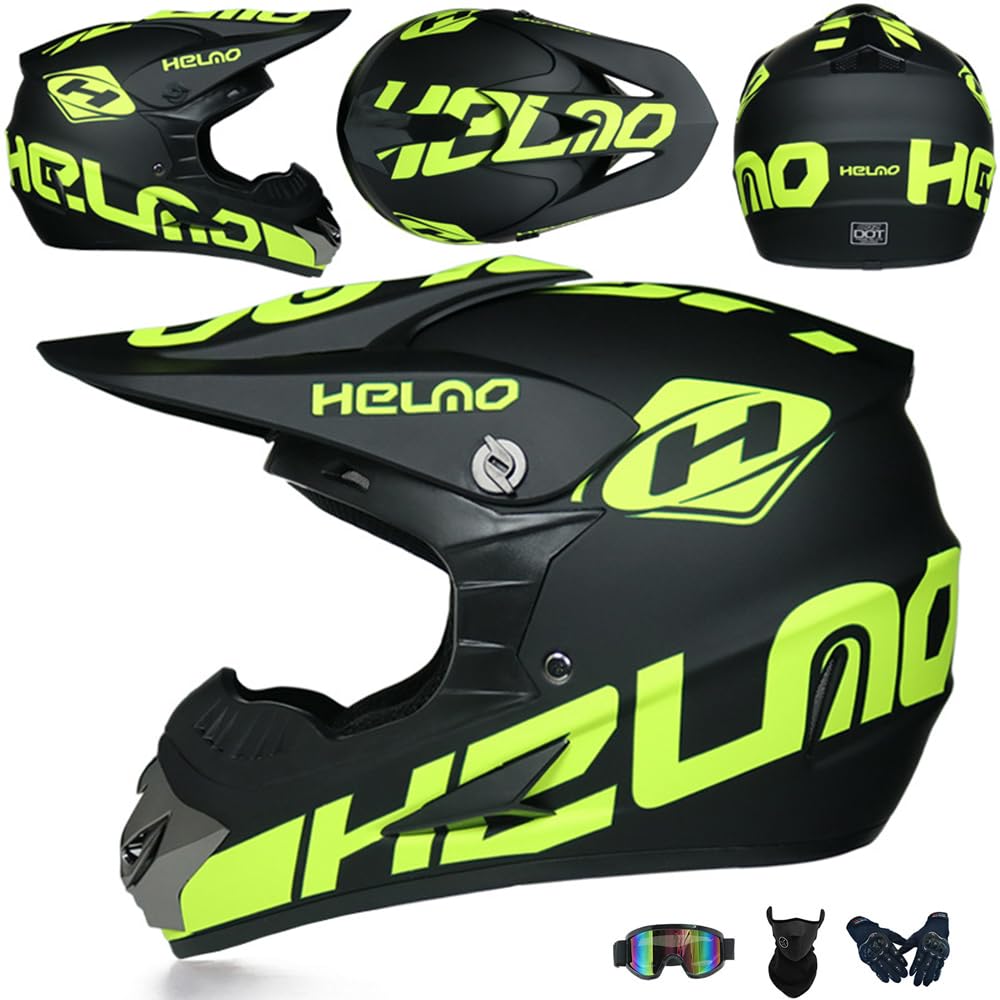 Motorradhelm Cross Damen Herren Full Face MTB Helm Motocross Helm DOT/ECE-Zertifizierter Mit Schutzbrillen Maske Handschuhe Downhill Helm Mopedhelm Schutzhelm Für Cruiser Chopper,Green/C-M von PAESCOY