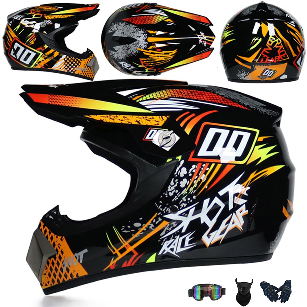 Motorradhelm Cross Damen Herren Full Face MTB Helm Motocross Helm DOT/ECE-Zertifizierter Mit Schutzbrillen Maske Handschuhe Downhill Helm Mopedhelm Schutzhelm Für Cruiser Chopper,Orange/C-XL von PAESCOY