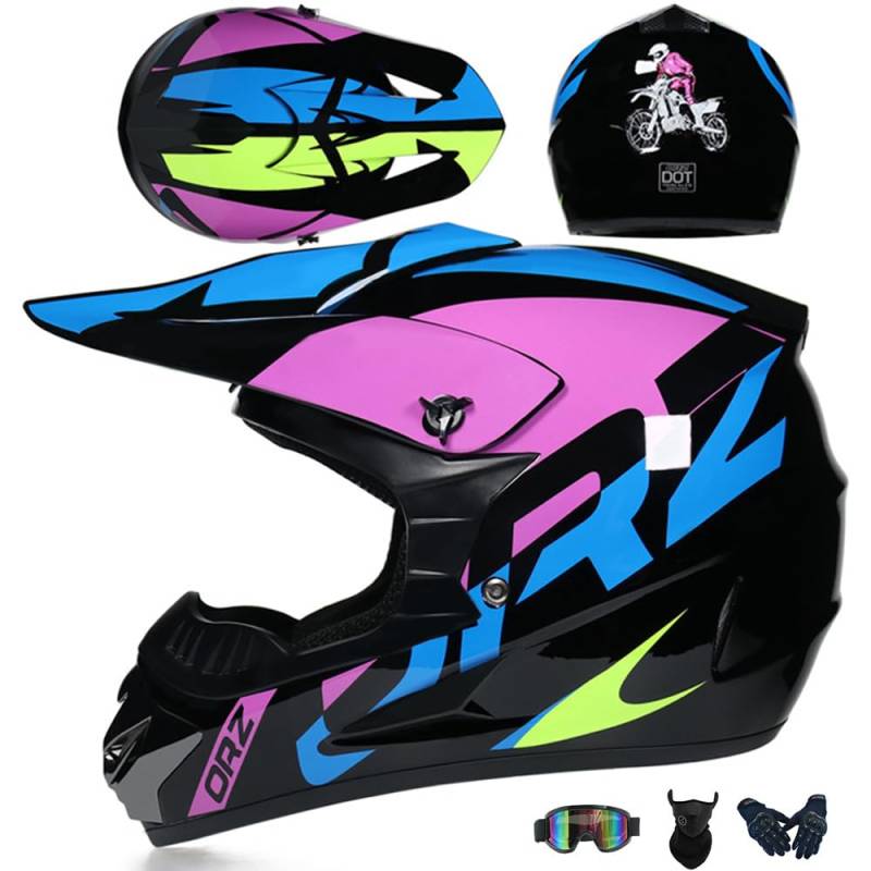 Motorradhelm Cross Damen Herren Full Face MTB Helm Motocross Helm DOT/ECE-Zertifizierter Mit Schutzbrillen Maske Handschuhe Downhill Helm Mopedhelm Schutzhelm Für Cruiser Chopper,Pink/D-M von PAESCOY