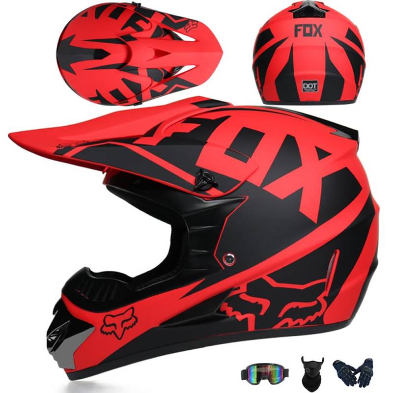 Motorradhelm Cross Damen Herren Full Face MTB Helm Motocross Helm DOT/ECE-Zertifizierter Mit Schutzbrillen Maske Handschuhe Downhill Helm Mopedhelm Schutzhelm Für Cruiser Chopper,Red/C-M von PAESCOY