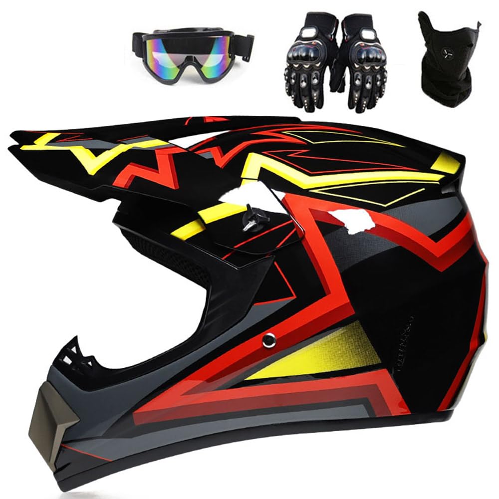 Motorradhelm Cross Damen Herren Full Face MTB Helm Motocross Helm DOT/ECE-Zertifizierter Mit Schutzbrillen Maske Handschuhe Downhill Helm Mopedhelm Schutzhelm Für Cruiser Chopper,Red/D-L von PAESCOY