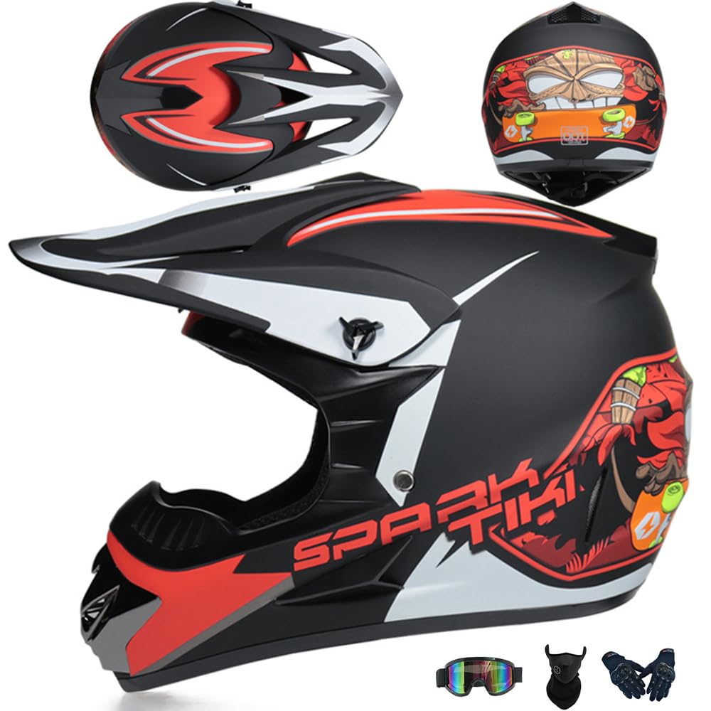 Motorradhelm Cross Damen Herren Full Face MTB Helm Motocross Helm DOT/ECE-Zertifizierter Mit Schutzbrillen Maske Handschuhe Downhill Helm Mopedhelm Schutzhelm Für Cruiser Chopper,Red/D-L von PAESCOY