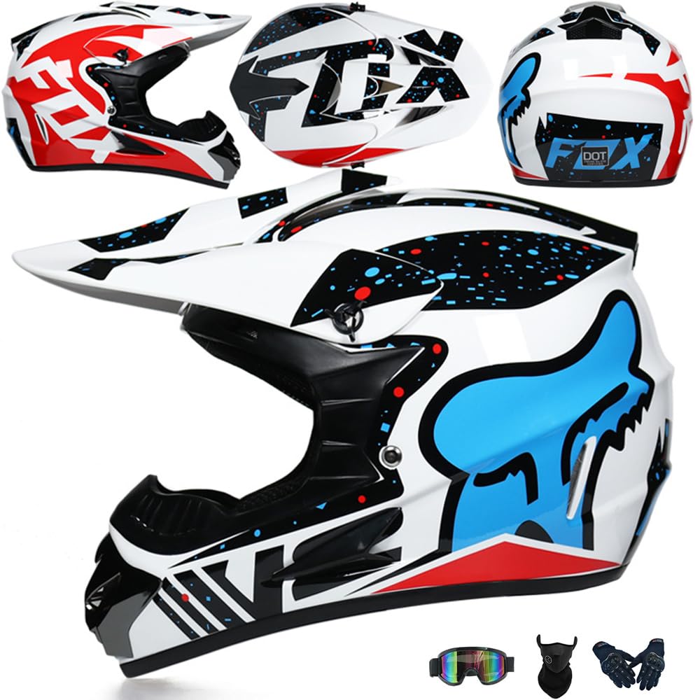 Motorradhelm Cross Damen Herren Full Face MTB Helm Motocross Helm DOT/ECE-Zertifizierter Mit Schutzbrillen Maske Handschuhe Downhill Helm Mopedhelm Schutzhelm Für Cruiser Chopper,White/A-XXL von PAESCOY