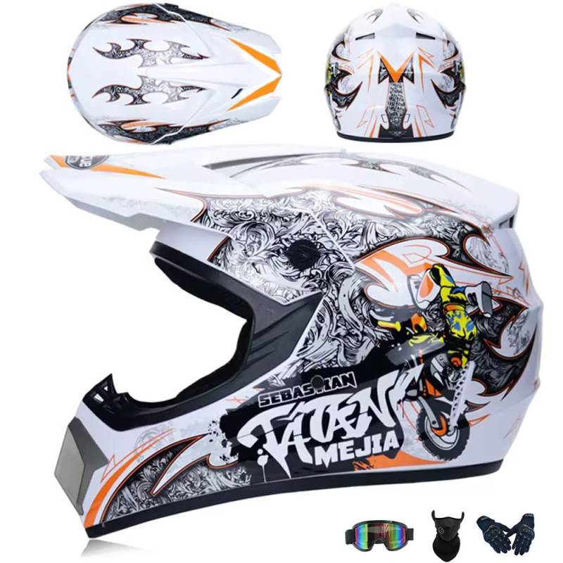 Motorradhelm Cross Damen Herren Full Face MTB Helm Motocross Helm DOT/ECE-Zertifizierter Mit Schutzbrillen Maske Handschuhe Downhill Helm Mopedhelm Schutzhelm Für Cruiser Chopper,White/B-XL von PAESCOY