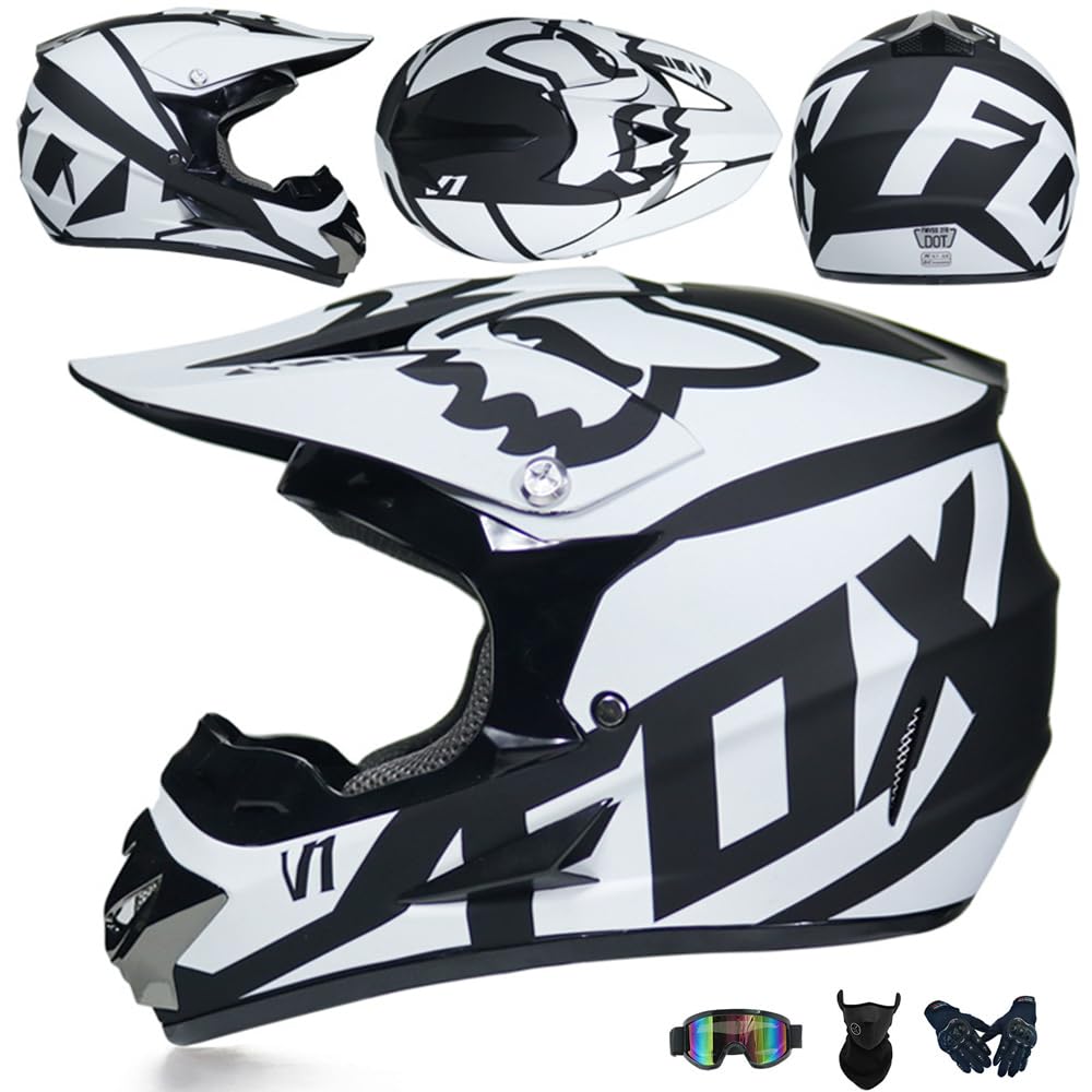 Motorradhelm Cross Damen Herren Full Face MTB Helm Motocross Helm DOT/ECE-Zertifizierter Mit Schutzbrillen Maske Handschuhe Downhill Helm Mopedhelm Schutzhelm Für Cruiser Chopper,White/C-L von PAESCOY