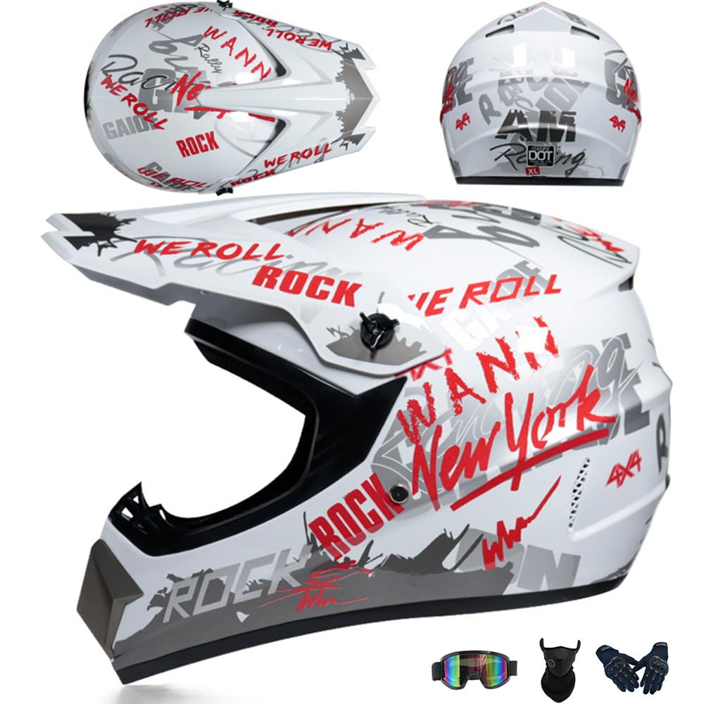 Motorradhelm Cross Damen Herren Full Face MTB Helm Motocross Helm DOT/ECE-Zertifizierter Mit Schutzbrillen Maske Handschuhe Downhill Helm Mopedhelm Schutzhelm Für Cruiser Chopper,White/C-M von PAESCOY