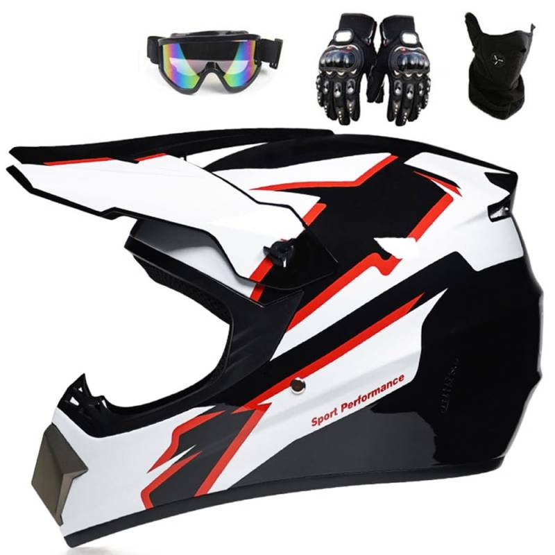 Motorradhelm Cross Damen Herren Full Face MTB Helm Motocross Helm DOT/ECE-Zertifizierter Mit Schutzbrillen Maske Handschuhe Downhill Helm Mopedhelm Schutzhelm Für Cruiser Chopper,White/E-S von PAESCOY