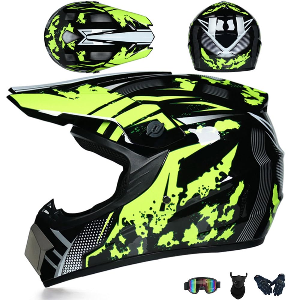 Motorradhelm Cross Damen Herren Full Face MTB Helm Motocross Helm DOT/ECE-Zertifizierter Mit Schutzbrillen Maske Handschuhe Downhill Helm Mopedhelm Schutzhelm Für Cruiser Chopper,Yellow/B-XL von PAESCOY