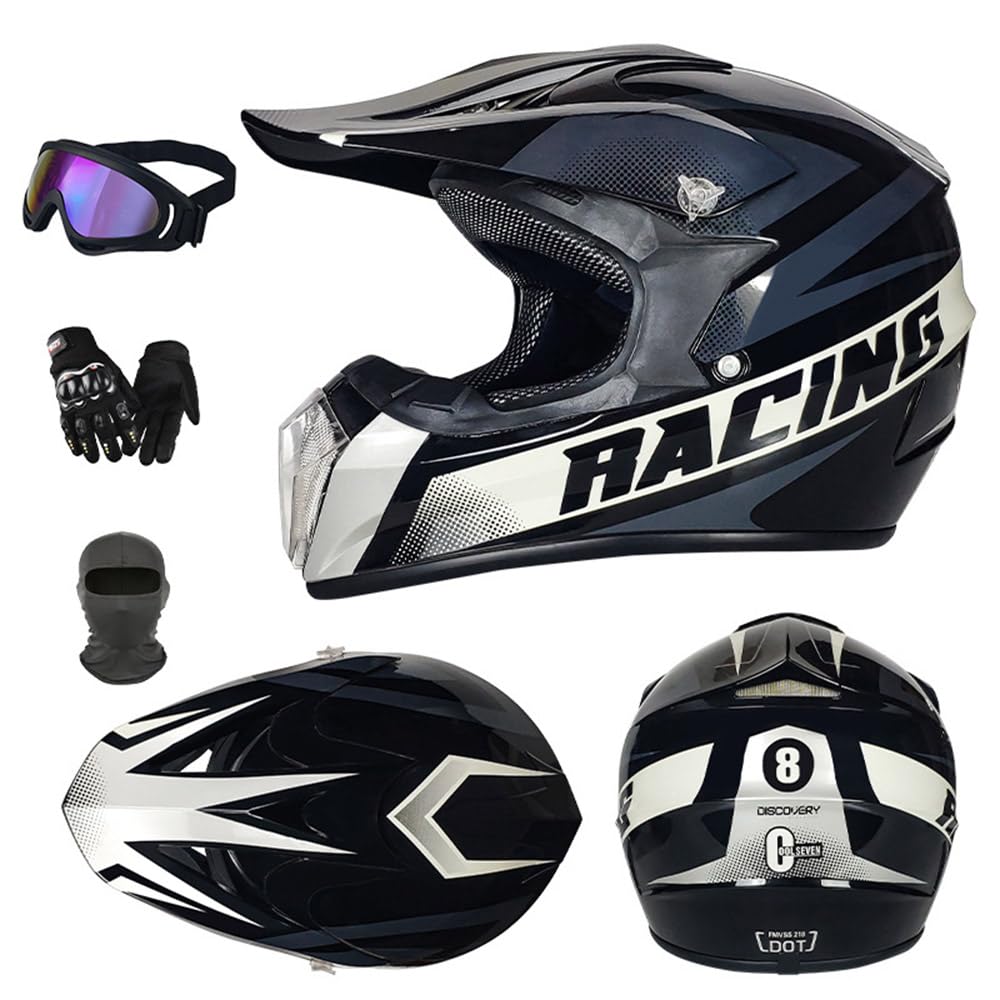 Motorradhelm Cross Kinder Erwachsene Full Face MTB Helm ATV Motocross Helm Damen Herren Mit Schutzbrillen Maske Handschuhe Downhill Helm Mopedhelm Schutzhelm Für Cruiser Chopper,Gray-L von PAESCOY