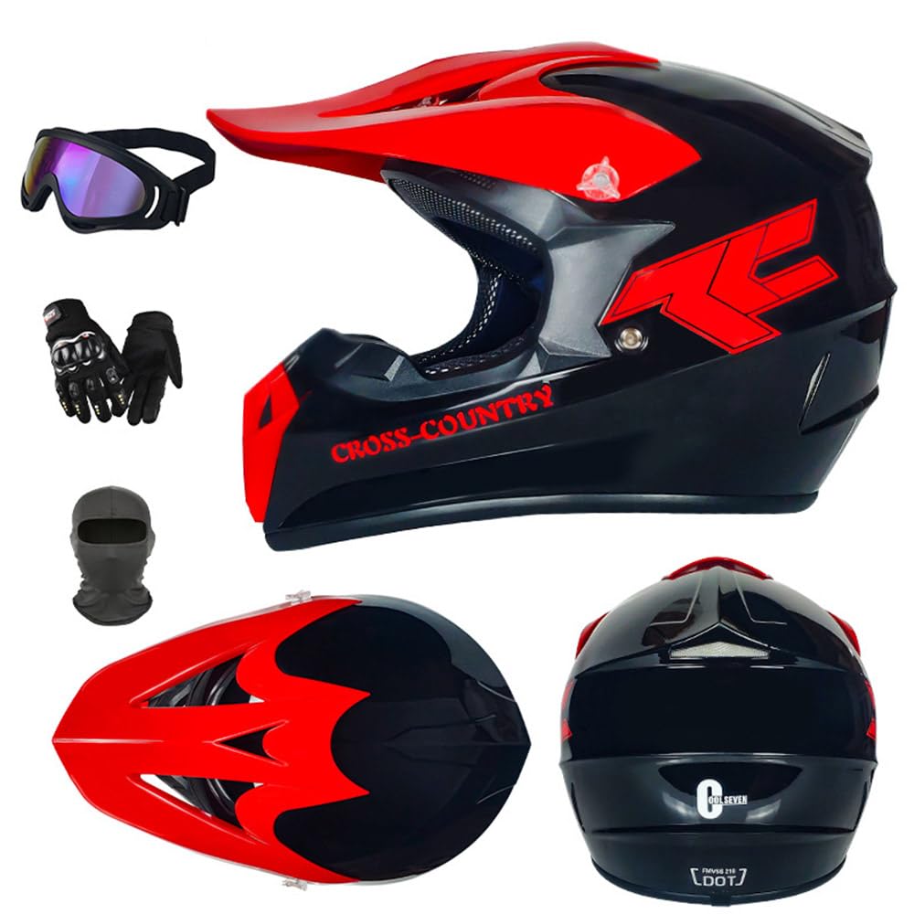 Motorradhelm Cross Kinder Erwachsene Full Face MTB Helm ATV Motocross Helm Damen Herren Mit Schutzbrillen Maske Handschuhe Downhill Helm Mopedhelm Schutzhelm Für Cruiser Chopper,Red/A-L von PAESCOY